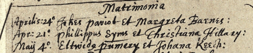 Record of Eltweed Pomeroy's first marriage to Johana KEECH in Beamister, Dorset, England. Unknown source, likely one of the Pomeroy compiled genealogies.