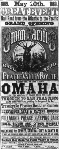 Transcontinental railroad poster, 1869, via Wikimedia. Public domain.