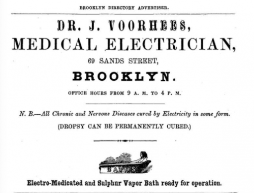 1857 Medical Electrician advertisement, appendix- no page, in Smiths Brooklyn Directory for yr ending May 1 1857, via InternetArchive. (Click to enlarge.)