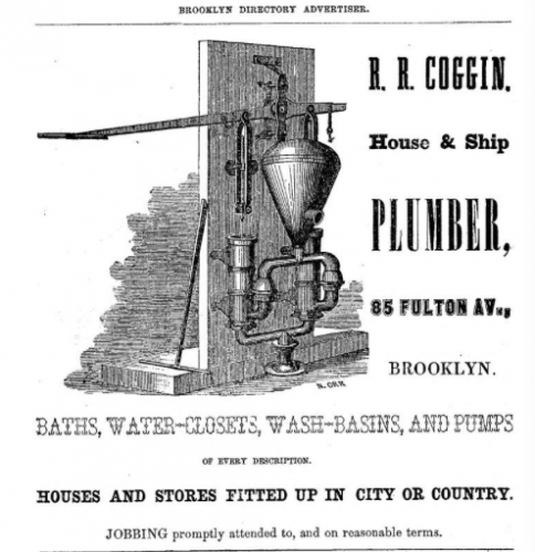 1857 R. R. Coggin House & Ship Plumber advertisement, page 17, in Smiths Brooklyn Directory for yr ending May 1 1857, via InternetArchive. (Click to enlarge.)