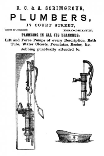 R. C. & A. Scrimgeour Plumber advertisement, page 267, in Smiths Brooklyn Directory for yr ending May 1 1857, via InternetArchive.