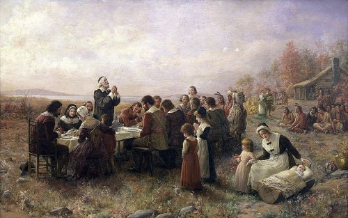 Jennie Augusta Brownscombe, The First Thanksgiving at Plymouth, 1914, Pilgrim Hall Museum, Plymouth, Massachusetts. via Wikipedia, public domain.