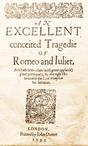 Title page of the first edition of Romeo and Juliet by William Shakespeare, 1597. Wikimedia, public domain in USA.(Click to enlarge.)