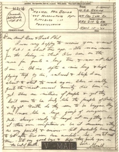 V-mail from Lt. Gerald D. Broida, 15 April 1944, to Bess (Green) and Phillip Broida.