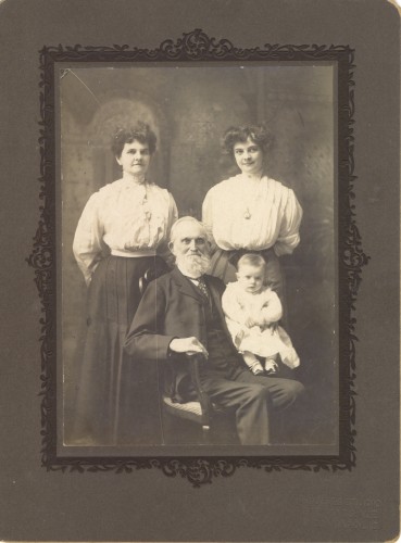 Four Generations of Springsteens: Jefferson Springsteen, seated, with his great-grandson William Helbling. Standing on left is Jefferson's daughter Anna Missouri (Springsteen) Beerbower, and her daughter, Anna May (Beerbower) Helbling, mother of little William.