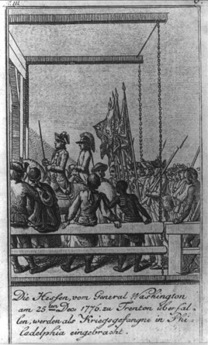 1784 engraving showing the Hessians captured at Trenton being marched to Philadelphia, then the American capitol. via Wikipedia, public domain.