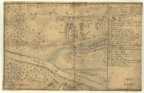 Hessian sketch of the Battle of Trenton, 1776. Click to enlarge, and note the Knyphausen Regiment's quarters to the east of Trenton. Map via Wikimedia, public domain.