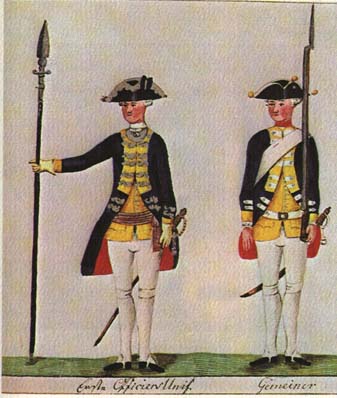 Uniforms of Hessian soldiers, likely jaegers, via Wikipedia; public domain.