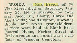 Max broida obituary in American Jewish Outlook on 30 Jan 1948, page 13, column 1. With kind permission of the Pittsburgh Jewish Newspaper Project.