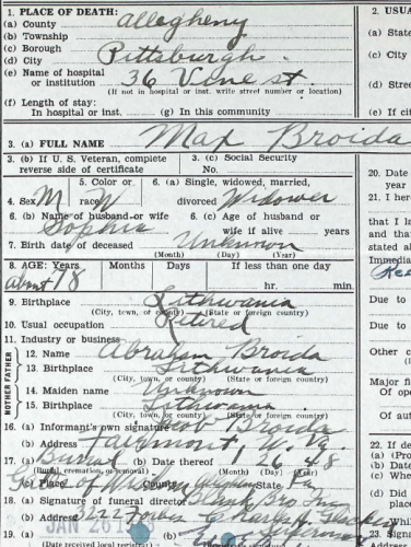 Section of death certificate of Max broida, who died 24 Jan 1948 in Pittsburgh, PA. From Ancestry.com, PA death Certificates 1906-1963.