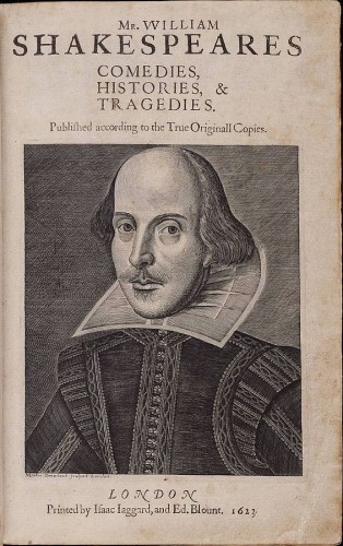 Title page of the First Folio, 1623. Copper engraving of Shakespeare by Martin Droeshout. Public domain, via Wikipedia.