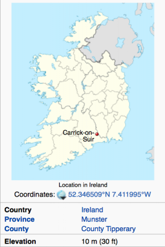 Map of Ireland showing Carrick-on-Suir in County Tipperary. Wikimedia. (Click to enlarge.)