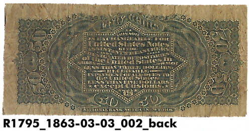 US currency- a fifty cent note used during the Civil War (reverse). Courtesy Indiana Historical Society. See notes for details.