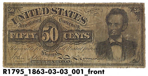 US currency- a fifty cent note used during the Civil War (reverse). Courtesy Indiana Historical Society. See notes for details.