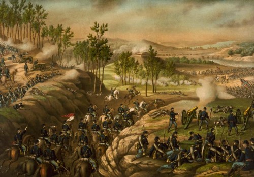 Battle of Resaca- Union cavalry moving through a gap to attack Confederate infantry. Kurz & Allison, c1889, Library of Congress via Wikipedia. Public domain.