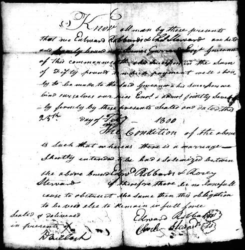 Marriage Bond for Edward Roberts and Rosy Stewart, 1800.