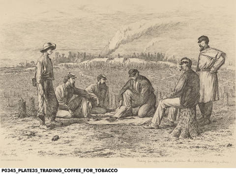 "Trading Coffee for Tobacco" by Edwin Forbes. Courtesy Indiana Historical Society. See notes for details.