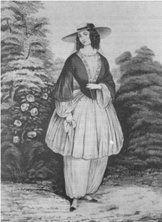 1850s bloomer dress, via Wikipedia, public domain.