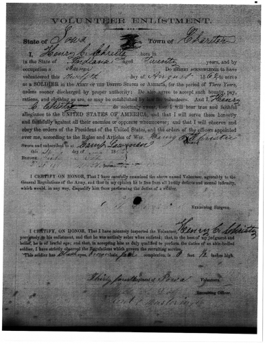 Enlistment of Henry Clay Christie, August 12, 1862. Civil War Enlistments, 34th Iowa Infantry, Co. D-1, JK 6360.6, A.3, C5, Reel 16, State Historical Society of Iowa.