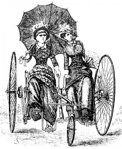 German image from 1886 of tandem bicycle with women wearing bloomers. Wikipedia, public domain.
