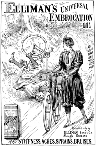 1897- the advance of bloomer styles made riding a bit safer for women. It was still scandalous, so maybe not so safe for me who saw them! via Wikipedia, public domain.