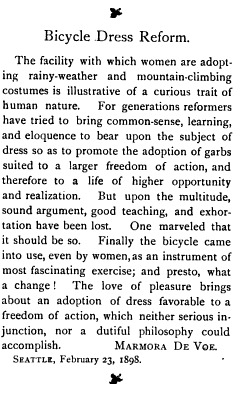 Bicycle Dress Reform. The Pacific Unitarian, Vol. 6, No. 5, Page 129. March, 1898, San Francisco, California, via GoogleBooks.