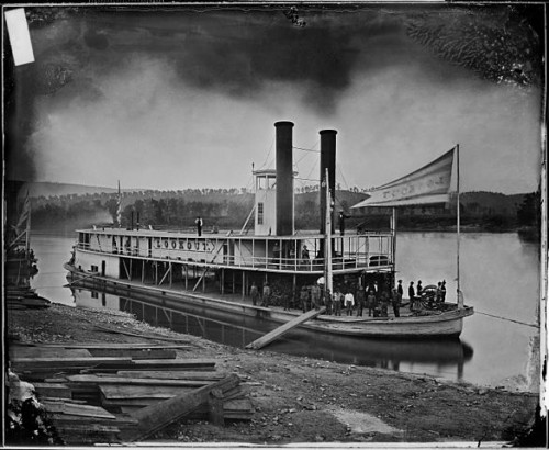 The "Lookout," a transport steamer similar to that used to carry Henry Clay Christie and his comrades upriver. This image is the Lookout on the Tennessee River, ca. 1860 - ca. 1865. Matthew Brady, NARA, restored, via Wikimedia; public domain.