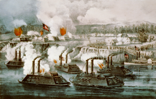Battle of Fort Hindman/ Arkansas Port. Currier & Ives print from Library of Congress via Wikimedia, public domain.