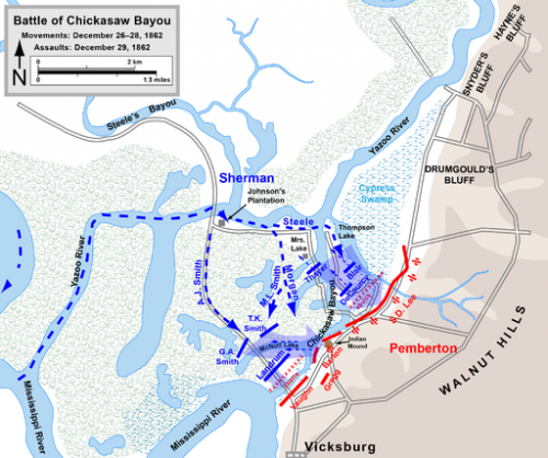Battle of Chickasaw Bayou. This file is licensed under the Creative Commons Attribution 3.0 Unported license. Map by Hal Jespersen www.posix_.comCW