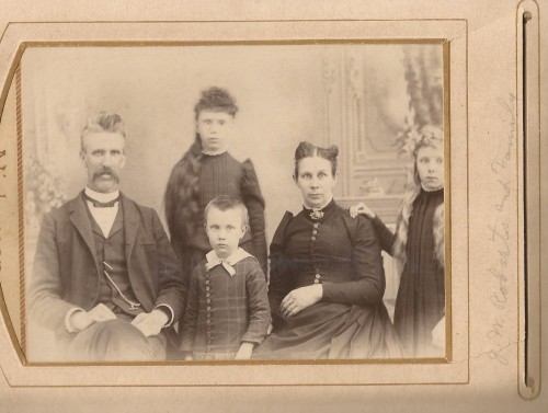 The John W. Roberts Family: from left, John W, Tressa, Clyde, wife Sarah Ansbach Roberts, and Candace Roberts. Taken about 1891, from the William Roberts Family Album.