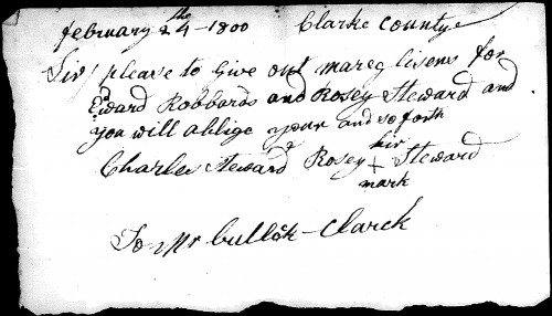 Marriage License Request- Edward Roberts and Rosy Stewart, 24 February 1800. From a cousin many years ago, unknown source- likely Clark County, Kentucky Records.