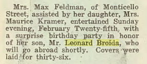 Leonard Broida- surprise party, in the Jewish Criterion, 09 March 1923, Vol. 60, No. 26, page 37, column 3. Posted with kind permission of the Pittsburgh Jewish Newspaper Project.