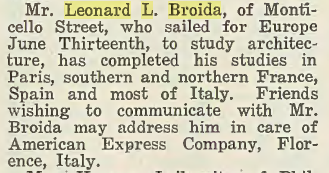 Leonard L. Broida- European Studies. In the Jewish Criterion, 7 December 1923, Vol. 62, No. 6, Page 27, courtesy of Pittsburgh Jewish Newspaper Project.