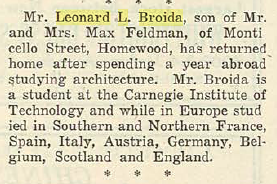 Leonard L. Broida- Returns from European Studies. In the Jewish Criterion, 9 May 1924, Vol. 63, No. 26, Page 26, courtesy of Pittsburgh Jewish Newspaper Project.