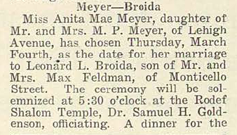Leonard L. BROIDA and Anita Mae MEYER- Wedding Announcement, part 1, via 12 February 1926 Jewish Criterion, Vol. 67, No. 14, Page 18, posted with kind permission of Pittsburgh Jewish Newspaper Project.