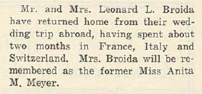 Leonard L. BROIDA and Anita Mae MEYER- Return from Wedding Trip, via 07 May 1926 Jewish Criterion, Vol. 67, No. 26, Page 52, posted with kind permission of Pittsburgh Jewish Newspaper Project.