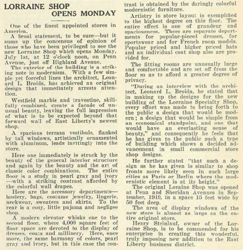 The Lorraine Shop, designed by Leonard L. Broida, and interview. Article in the 28 June 1929 Jewish Criterion, Vol. 74, No. 28, Page 35, courtesy of the Pittsburgh Jewish Newspaper Project.