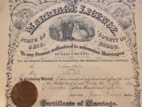 Nellie CALL and William WHEELER Marriage License and Certificate, Huron County, Ohio, November 1889; top section.