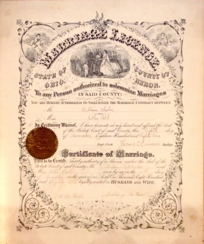 Nellie CALL and William WHEELER Marriage License and Certificate, Huron County, Ohio, November 1889.