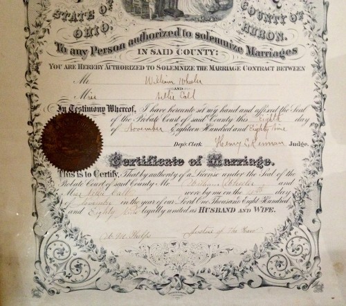 Nellie CALL and William WHEELER Marriage License and Certificate, Huron County, Ohio, November 1889; bottom section.