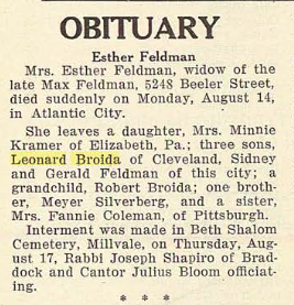 Esther (Silverberg) [Broida] Feldman- Obituary. The Jewish Criterion, Vol. 82, No. 15, Page 15, via Pittsburgh Jewish Newspapers Project with their kind permission.