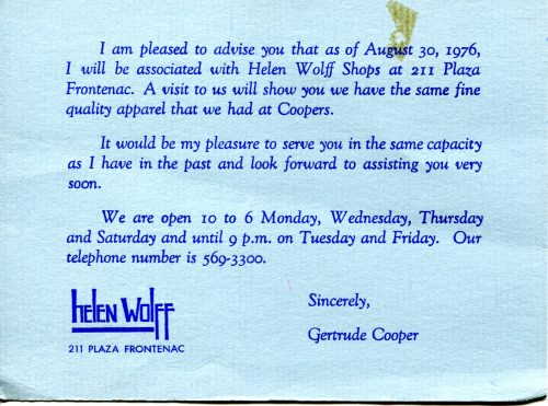 Announcement from 1976 that Gertrude (Broida) Cooper had moved to the upscale store 'Helen Wolff' in Plaza Frontenac, St. Louis, Missouri. 