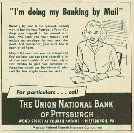 Banking by Mail- American Jewish Outlook, 25 Aug 1950, Vol. 32, No. 17, Page 15. Courtesy of the Pittsburgh Jewish Newspaper Project.