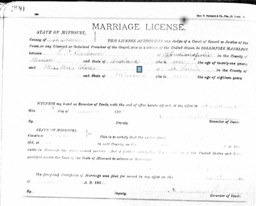 Marriage record of E.P. Beerbower and "Mrs. Mae Clore," 26 December 1908, via Ancestry.com.