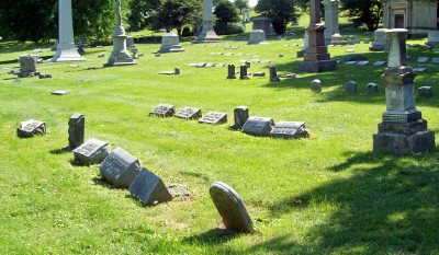 Springsteen Family Plot at Crown Hill Cemetery, Indianapolis, Indiana. The J. Springsteen marker is the tall stone at the center of the second row from front. Via Find A grave, with kind permission.