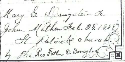 Mary G. Springsteen marriage to John Mitten from Springsteen Family Bible.