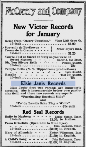 Add for new Elsie Janis records in 1912, published in The Gazette Times (Pittsburgh, PA), page 7, column 6, via Google Newspapers.