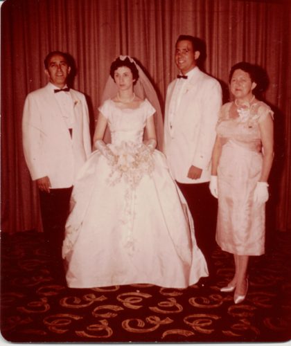 Harold Reuben Ribakow and bride, possibly his father Delmas Mayer Rubikow on left, his mother Loretta (Cooper) Ribakow on right. Summer, 1959.