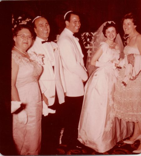 Harold Reuben Ribakow and bride, unknown bridesmaid. Possibly his parents on left, Loretta Cooper and Delmas Mayer Ribakow? Summer, 1959.