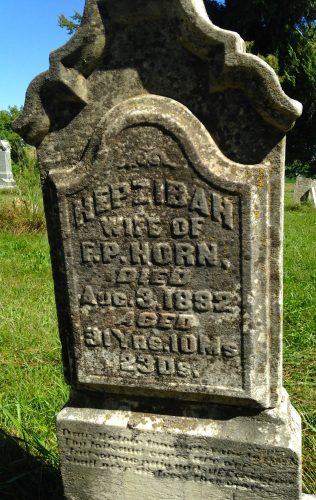 Tombstone of Hepzibah (Clark) Horn in Sandhill Cemetery, Cedar County, Iowa, in September of 2015 after some restoration.